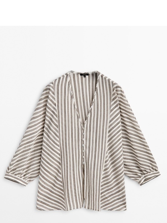 Massimo Dutti Tops - Massimo Dutti cotton Striped V-Neck Button Front Blouse - Taupe & White